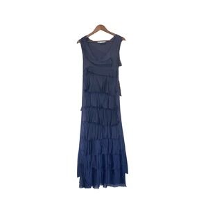 Made in Italy Navy Blue Silk Blend Tiered Ruffle Raw Edge Maxi Dress Lined Boho